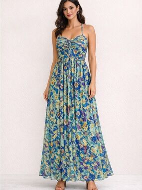 Oleg Cassini Blue Floral Maxi Dress with Spaghetti Straps size 4/Small
